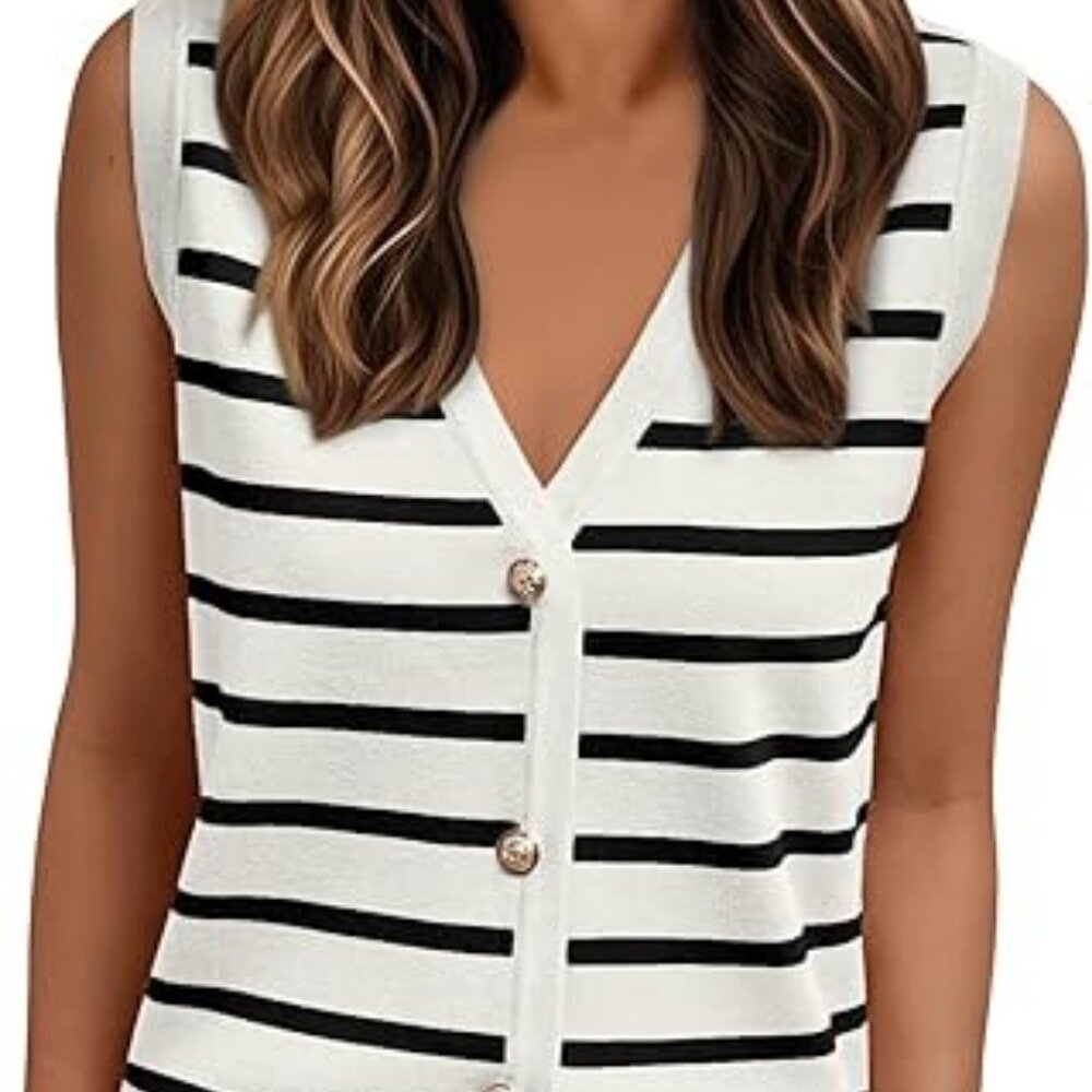 Women’s Striped Crochet Sweater Vest • Button Up • Business Casual